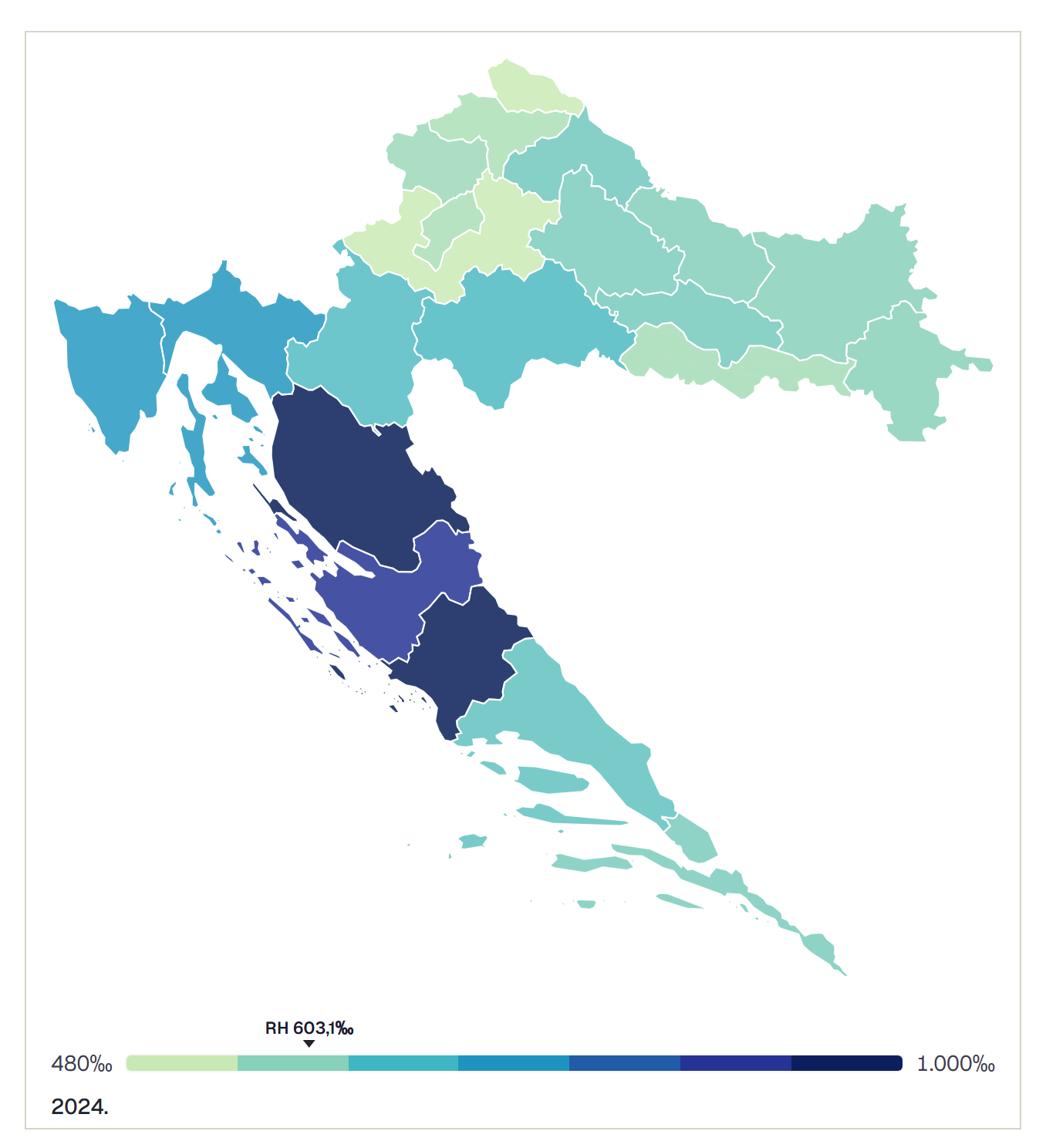 Stanovi na 1.000 stanovnika po županijama, kraj 2024.